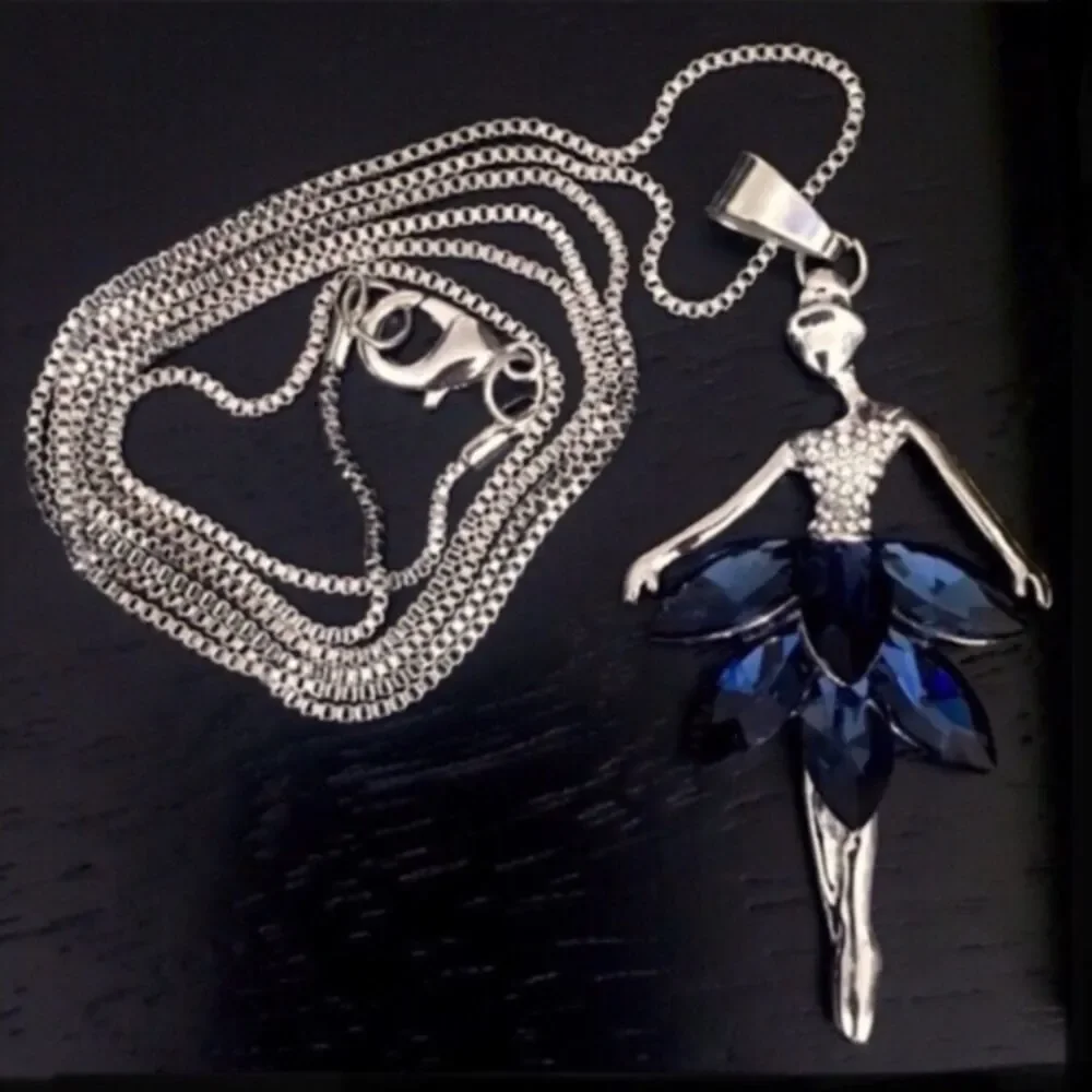 Crystal Ballerina Dancer Long Pendant Necklace Tutu Ballet